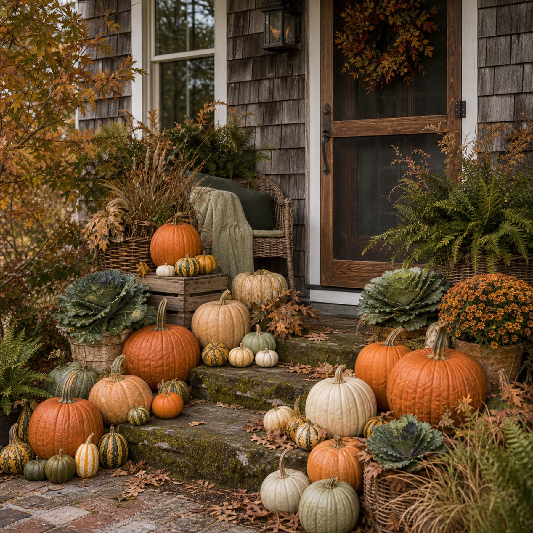 Woodland Harvest porch design with moss · oak · heirloom orange palette