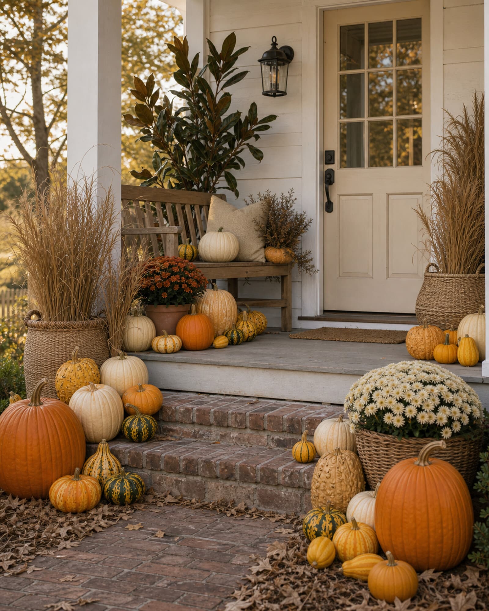 Magnolia Farmhouse porch design with linen · honey wood · rust palette
