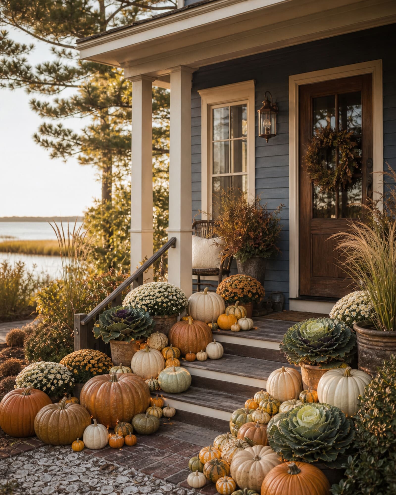 Inspiration look of a fall porch with heirloom pumpkins and gourds